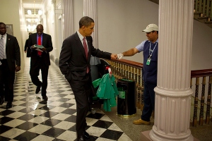Obama fist pumps a White House cleaner